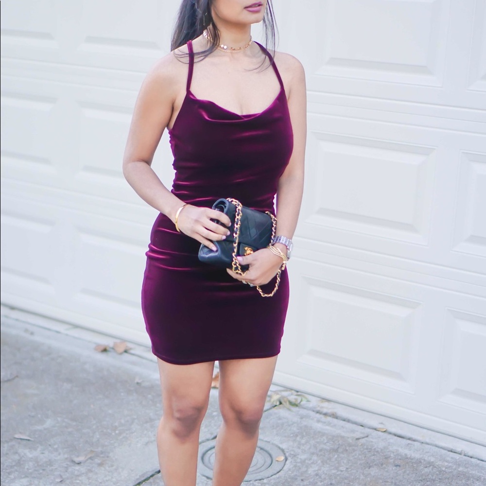 Velvet burgundy dress with lace back details